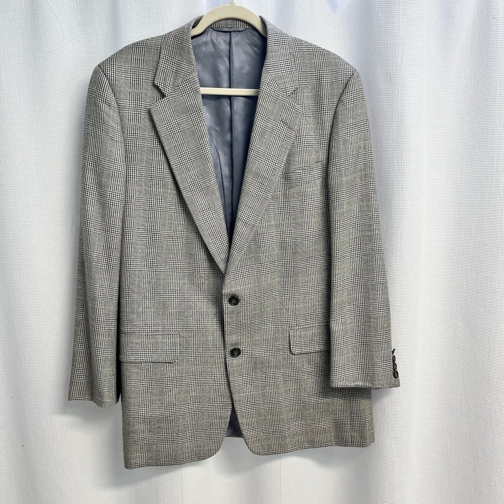 Hickey Freeman Mens Wool Silk Beige Black Houndstooth Blazer Old Money 42L